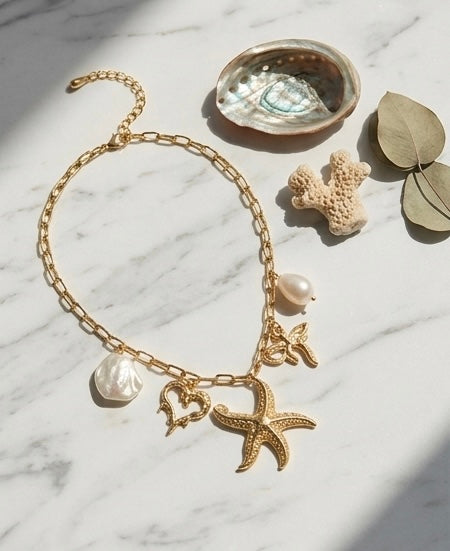 Gold Starfish and Baroque Pearl Charm Necklace